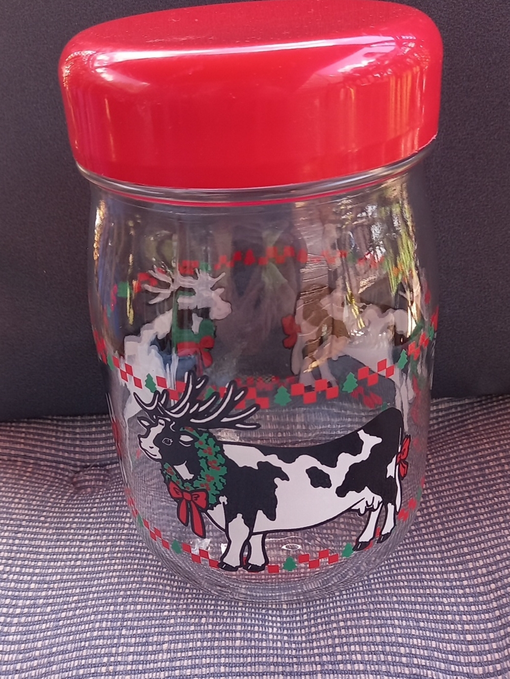 Festive Cow Glass Jar with Red Lid